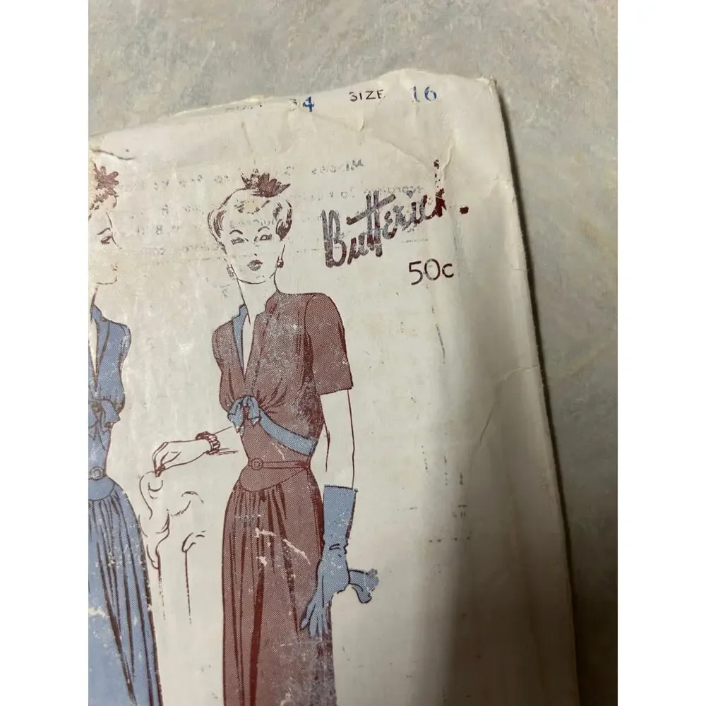Vintage 1943‎ Butterick Pattern #2716 Misses One Piece Frock Dress Size 16 HTF